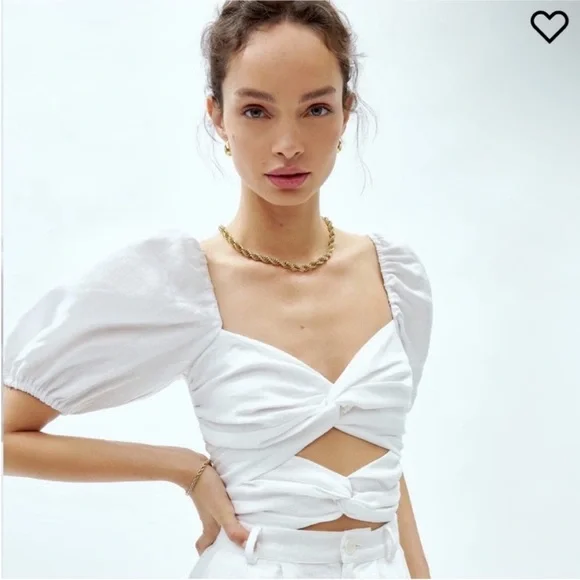 New! Reformation Karina White Twist-Front Linen Puff Sleeve Blouse - Picture 2 of 7